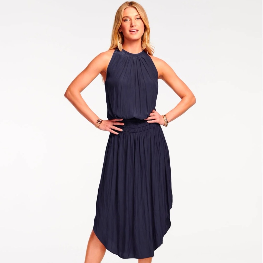 Ramy Brook Audrey smocked midi dress navy size M